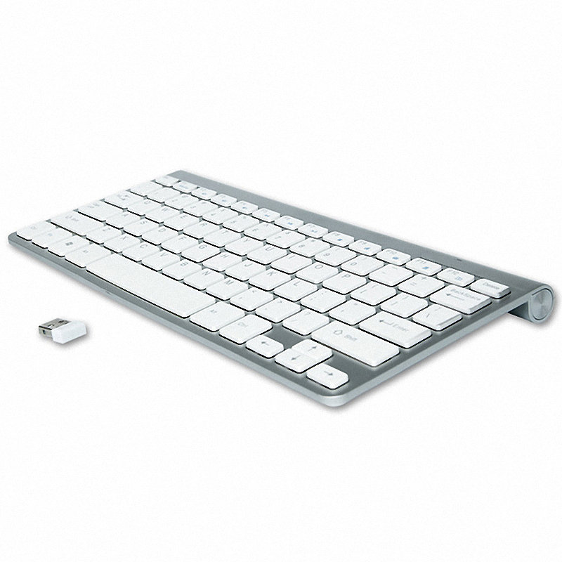 Компактная (шириной в 2/3 обычной) ножничная клавиатура 
Беспроводная, работает от двух ААА (мизинчиковых) батареек. Можно выбрать русскую раскладку